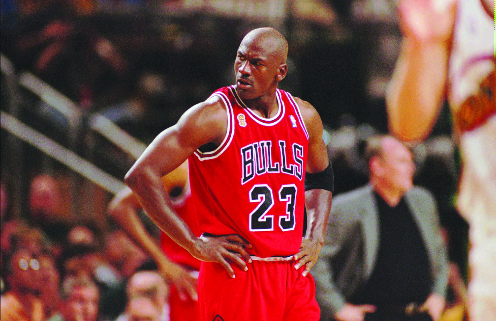 Chicago Bulls' Michael Jordan pauses in the third quarter in Game 5 of the NBA Finals against the Seattle SuperSonics Friday, June 14, 1996 in Seattle. The Sonics beat the Bulls, 89-78. (AP Photo/Beth A. Keiser)
