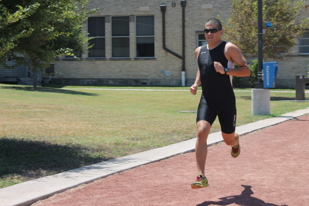 Gutierrez runs on the track at Del Mar College’s East Campus to strengthen his endurance for the Sept. 15-19 triathlon.