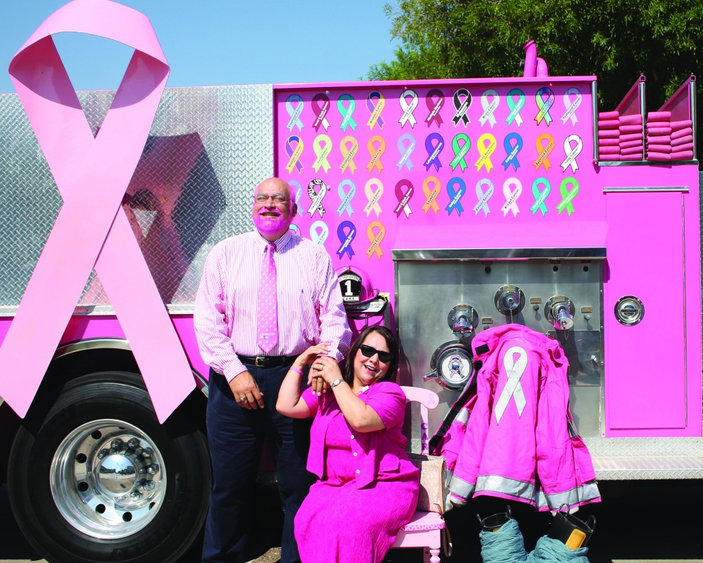 David A Abarca, Associate Professor of Computer Science, poses with Mary Lou Cruz. Mary Lou Cruz is a four year cancer survivor who was nominated to represent the Coastal Bend for the American Cancer Society. Cruz then nominated Abarca to be an ambassador for the Real Men Wear Pink campaign.