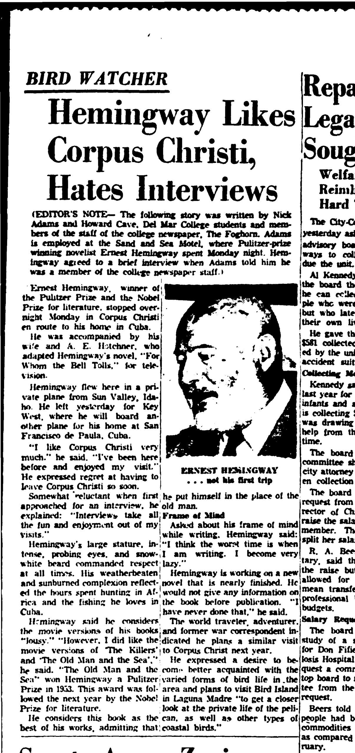Foghorn reporter interviewed Hemingway in March 1959