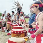 As Aztec dancers perform, each member of the visiting Kalpulli play a traditional drum for ceremonies called "huehuetl" in the Nahuatl language. This instrument is crafted by each player from wood and covered with deer or sheep skin.