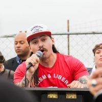 Chele Fernandez speaking at the Dilley detention center on April 18th